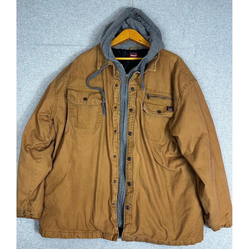 Wrangler Jacket Mens 3XL Brown Hooded Quilted Lined Canvas Workwear